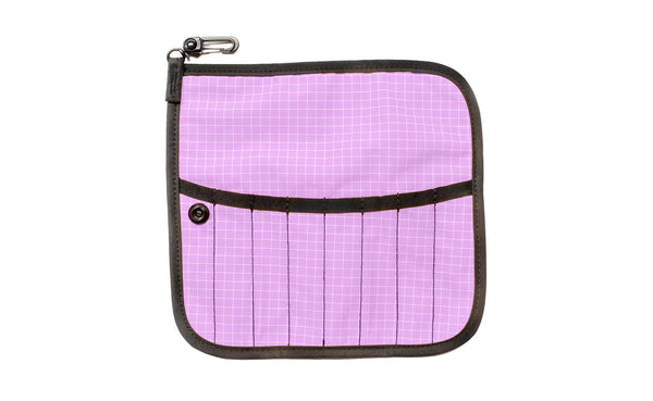 The front of a Tool Pen Wrap in Wisteria (lilac purple with white grid) 200 Halcyon.